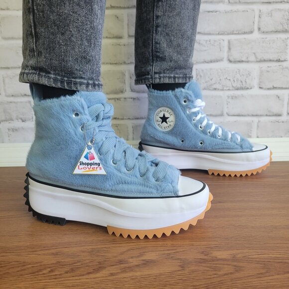 ❤️Converse Run Star Hike Hi Platform Faux Fur 8 Women Shoes Sneaker Blue A13381C - Picture 4 of 13